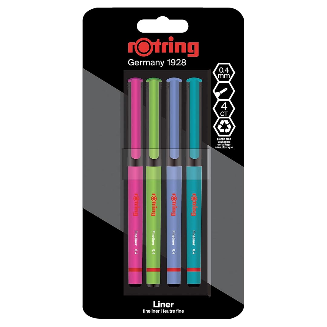 Rotring | Liner Fineliner Pens | Assorted Colours | Pack of 4 Pieces | 0.4mm Rotring